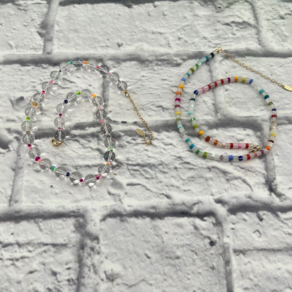 Serafina Set of 2 Beaded Necklaces Rainbow Clear Gold Tone Adjustable Boho